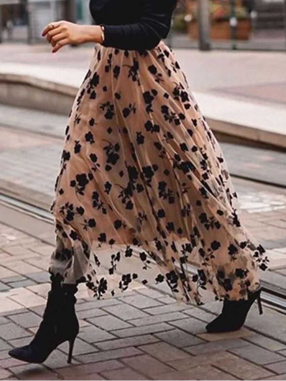 Chicwish 3D Posy Black Velvet Floral Double-layered Mesh Midi Skirt - Caramel S
